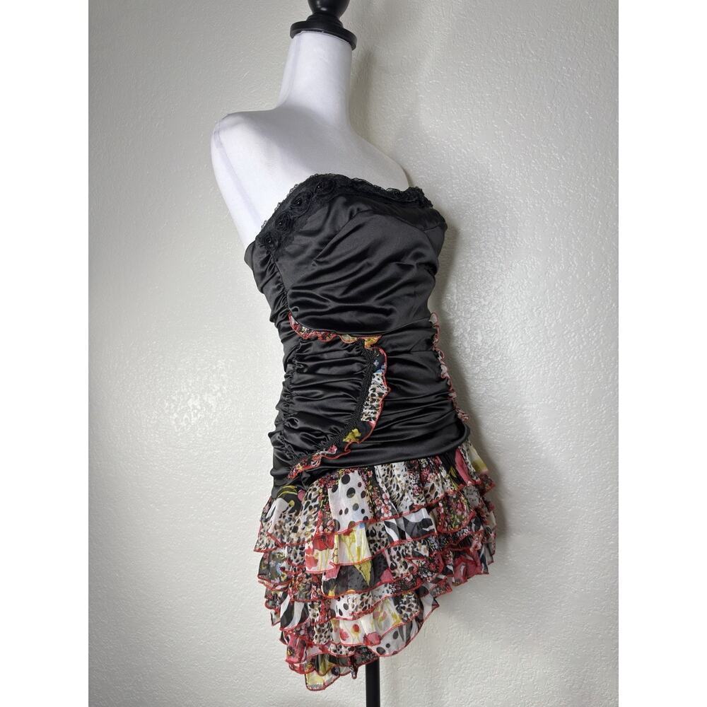Y2K Ruched Asymmetrical Sweetheart Satin Sheer Dress Art Sequin Whimsygoth Sz S - Picture 4 of 7